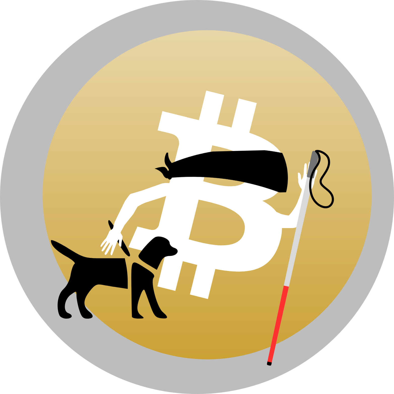 The Bitcoin symbol is white and placed in the center of a circular background that transitions from gold in the middle to a gray border. The symbol is depicted as a person with a black blindfold, extending an arm to touch a black silhouette of a guide dog on the left. The other arm is holding a white cane with a red tip on the right.